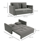 Gray sofa bed with dimensions labeled on a white background