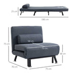 Gray sofa bed with dimensions labeled on a white background