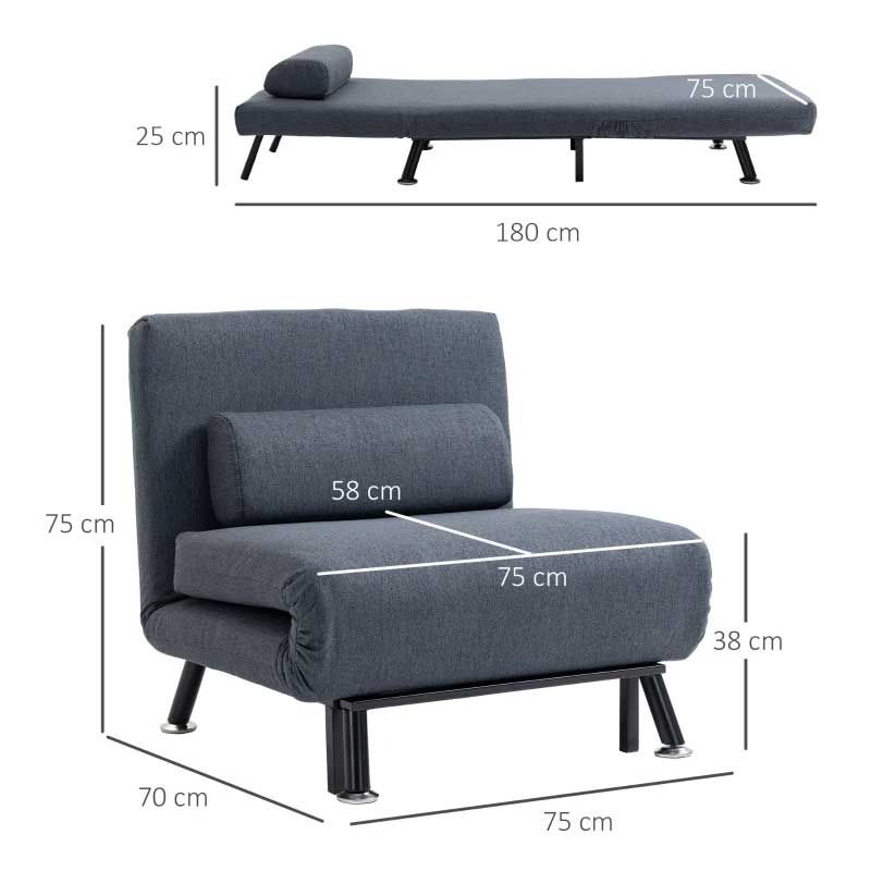Gray sofa bed with dimensions labeled on a white background