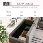 Gray sofa with built-in storage compartment, pull handle, and icons for bedding, books, and toys.