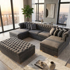 Grey Soft Velvet Chesterfield U-Shaped Corner Sofa – 6ft x 12ft x 6ft Luxury Deep Buttoned Modular Sofa Set