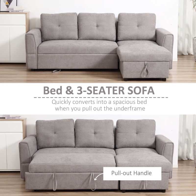 Gray three-seater sofa with pull-out mechanism in a room setting