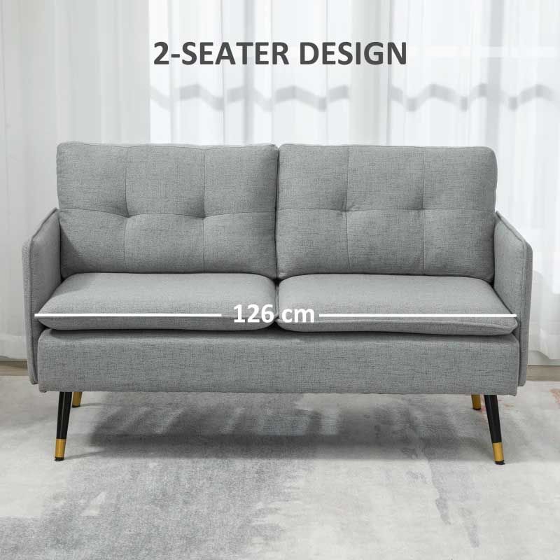 Gray two-seater sofa with dimensions indicated on a neutral background