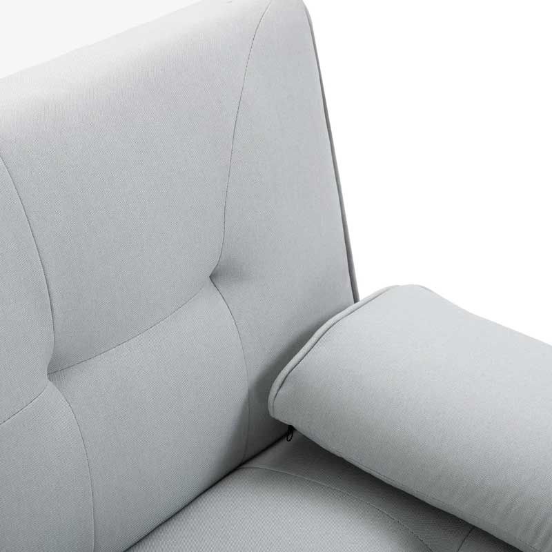 Gray upholstered 3 seater sofabed with tufted backrest on a white background
