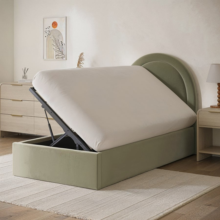Green bed with adjustable base in a bedroom setting
