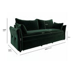 Green sofabed with dimensions labeled on a white background
