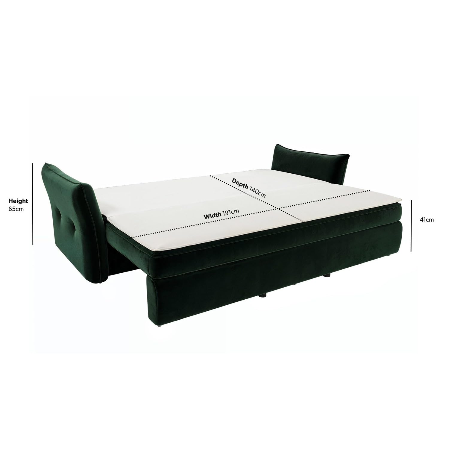 Green sofa bed with measurements on a white background