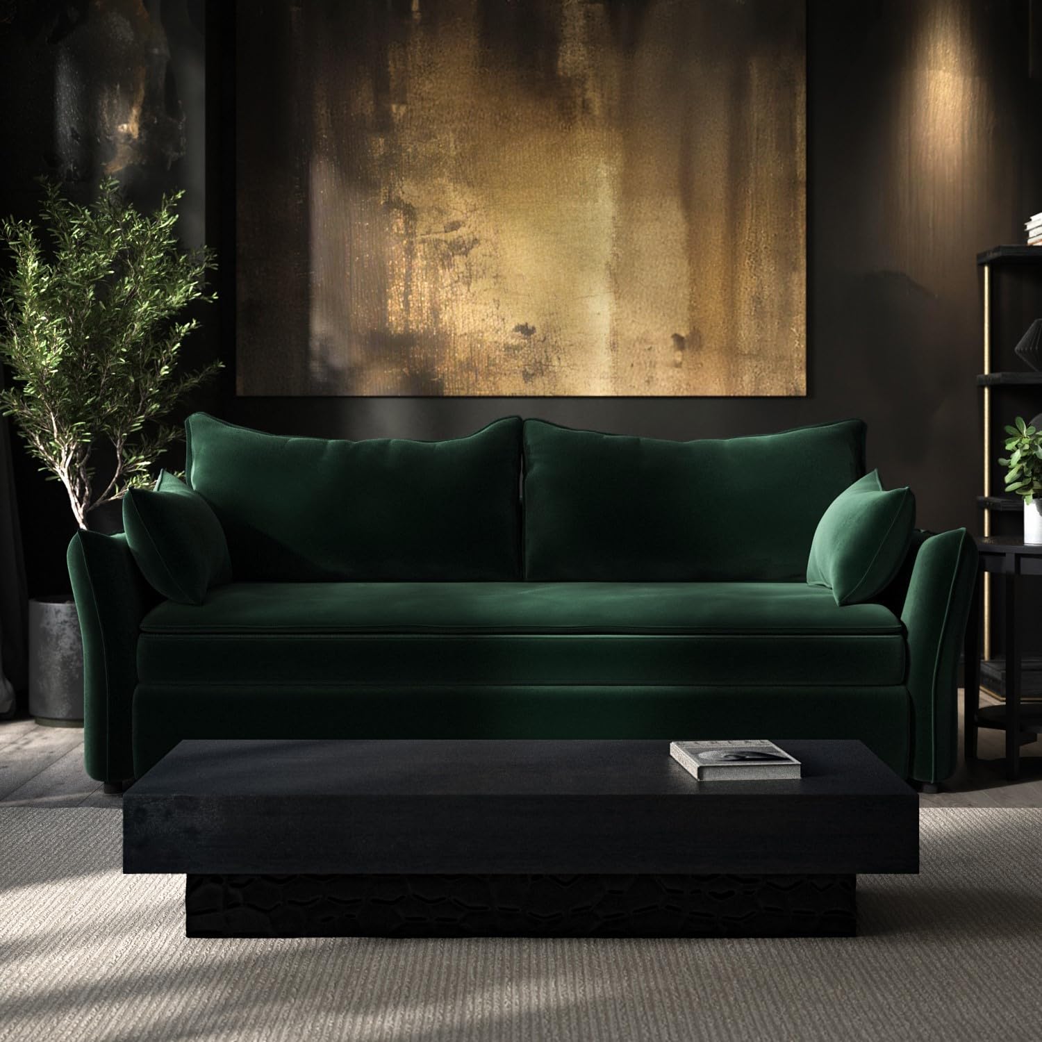 Green sofabed in a modern living room with abstract art and a coffee table.