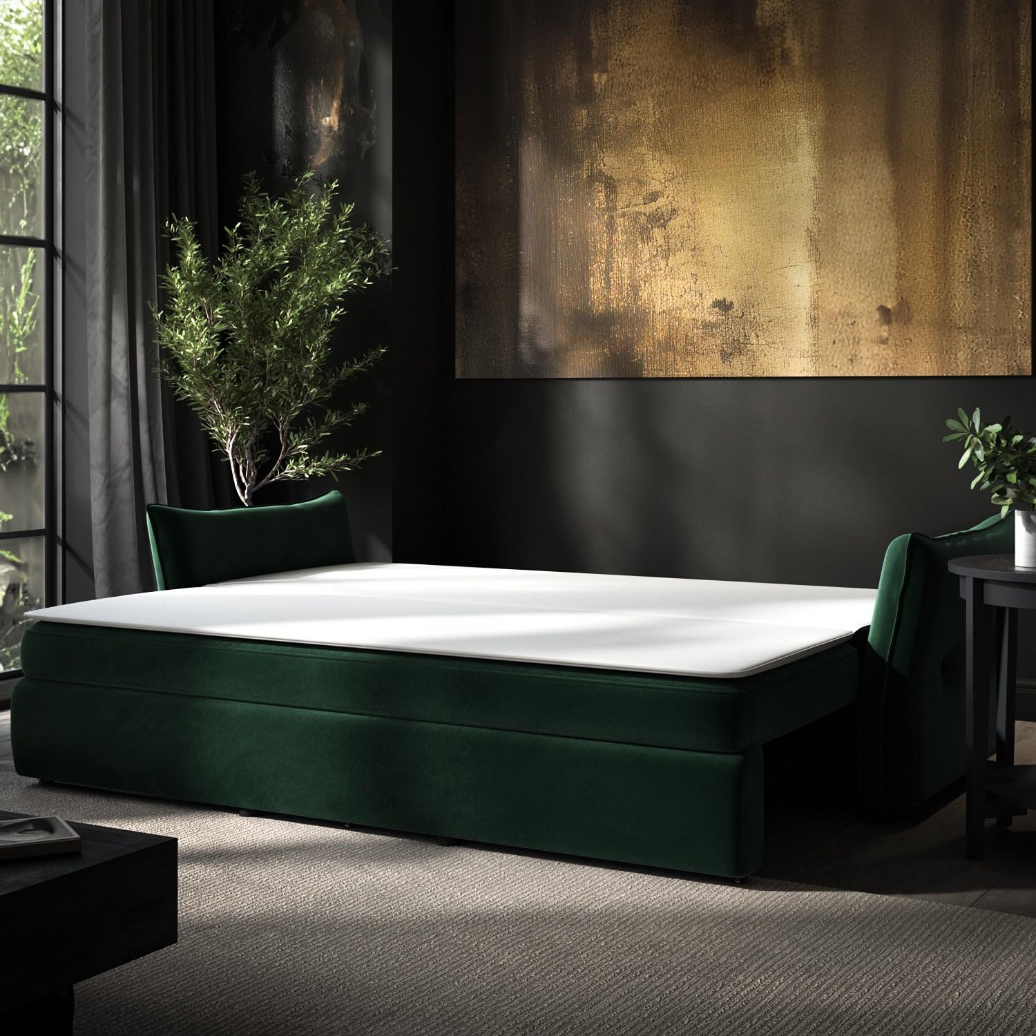 Green bed frame with white mattress in a darkly decorated room.