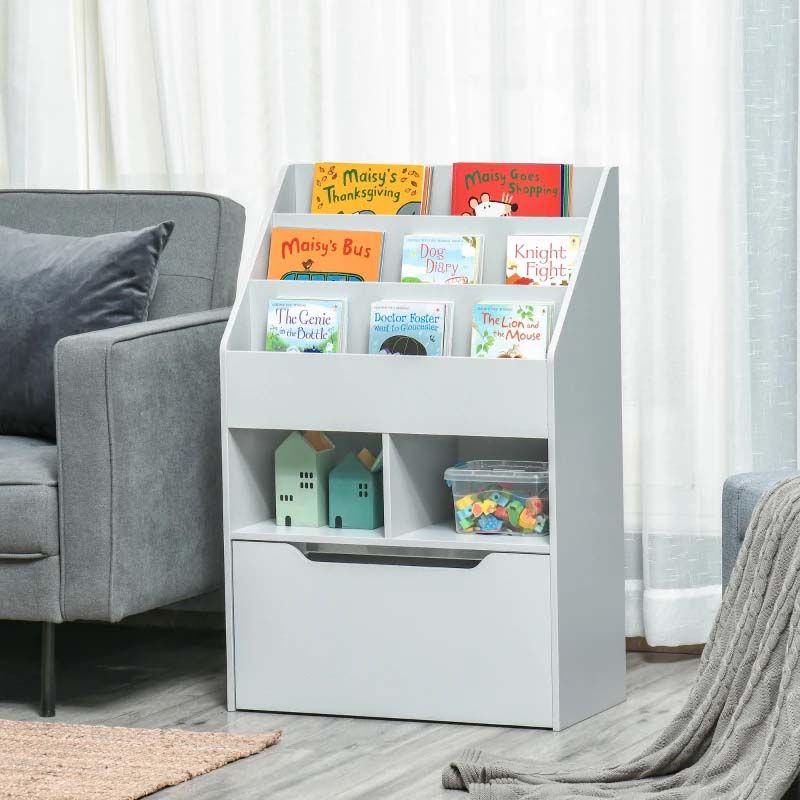 White bookshelf with children's books and toys in a living room setting