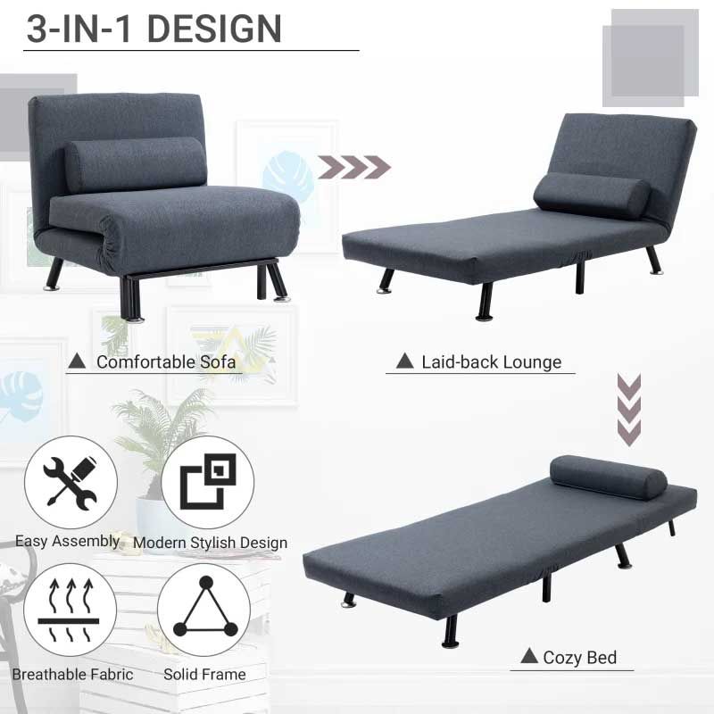 3-in-1 furniture design with sofa, lounge, and bed functions on a white background.