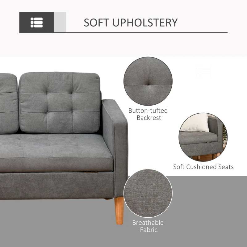 Gray sofa with features highlighted on a white background