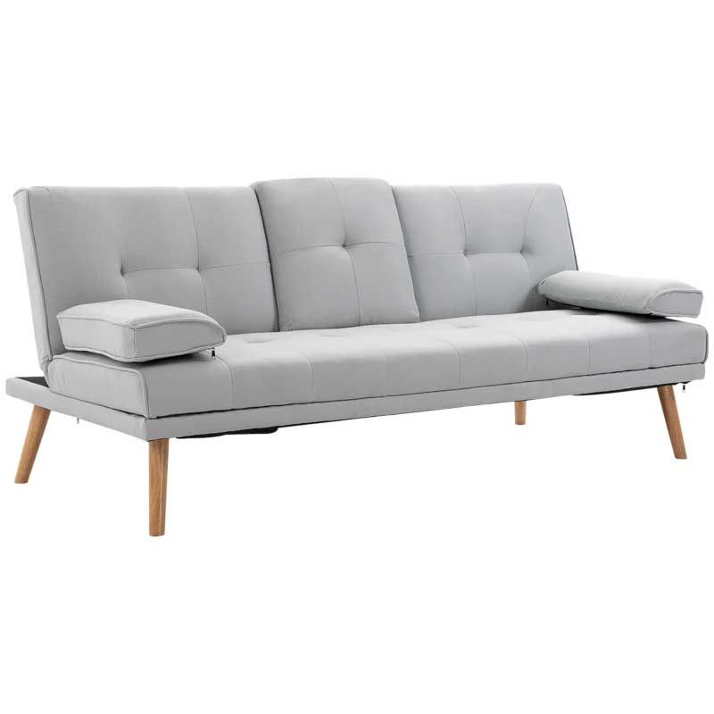 Gray sofabed with wooden legs on a white background