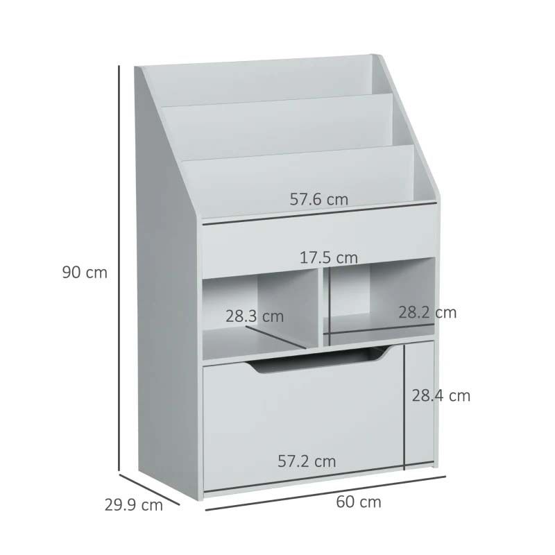 White storage unit with dimensions labeled on a white background