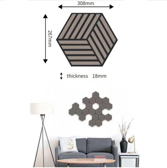 Hexagonal wall decor with measurements and a living room setting