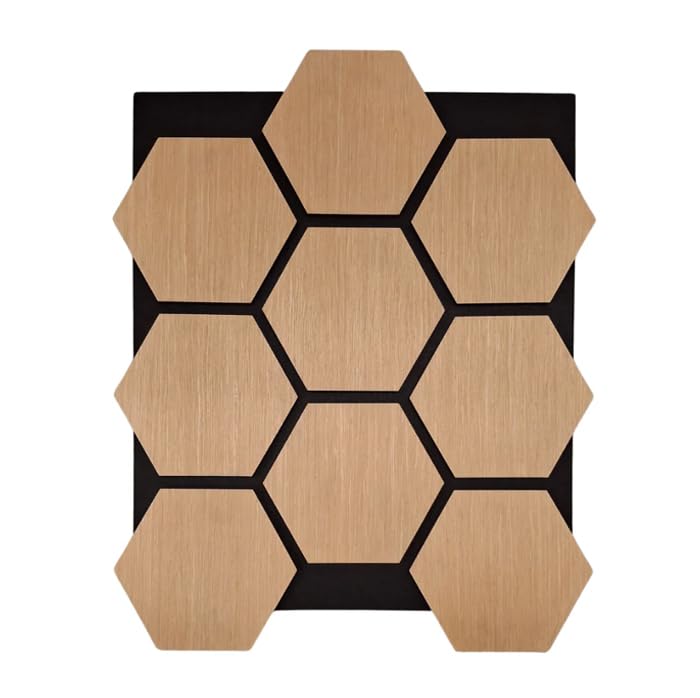 Hexagonal wooden tiles with black grout on a white background