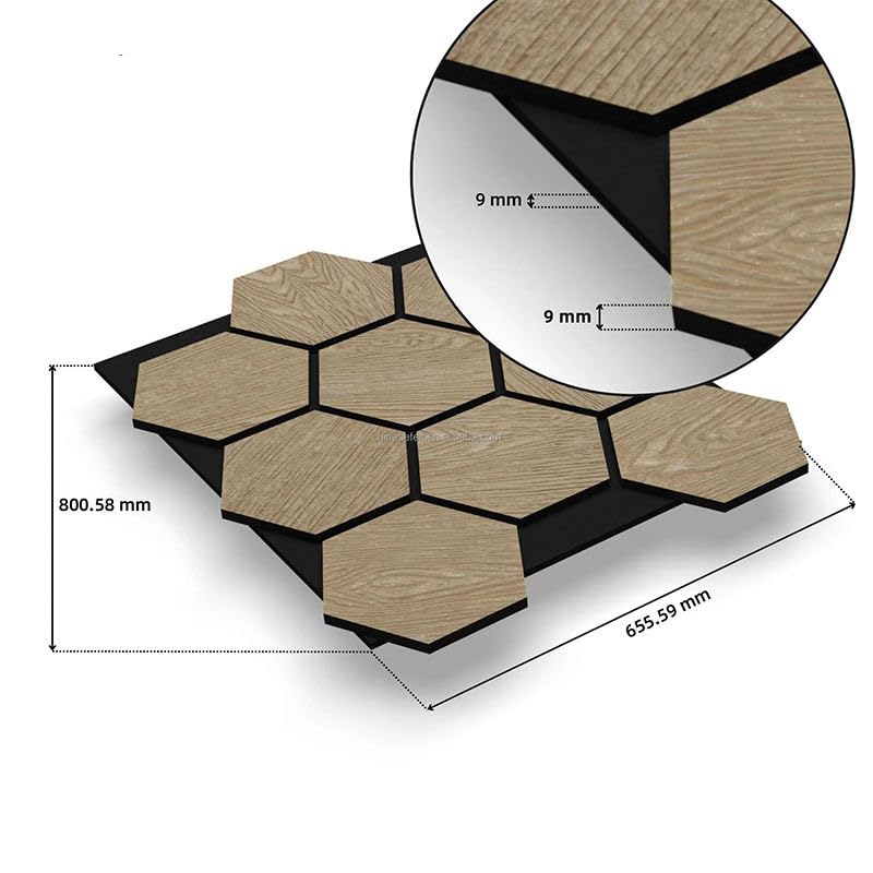 Hexagonal wooden tiles with dimensions on a white background
