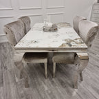 Louis Marble Dining Table – Modern Rectangular & Round Dining Room Table with Stainless Steel Base – Luxury Marble Top Dining Table for 4–6 People