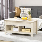 Light wood coffee table with decorative items in a living room setting.