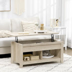 Light wood coffee table with storage compartments in a living room setting.