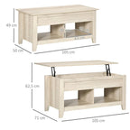 Light wooden coffee table with lift-top feature, shown with dimensions on a white background.