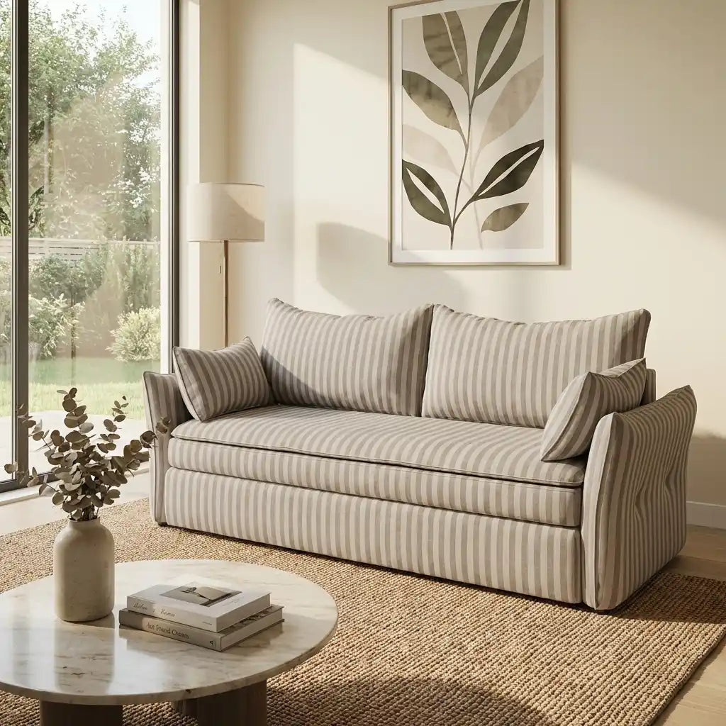 Living room with a striped sofa, coffee table, and decorative elements.