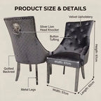 Product size and details diagram showing two gray upholstered dining chairs with labeled measurements and features including quilted backrest, velvet upholstery, button tufting, silver lion head knocker, and metal legs.