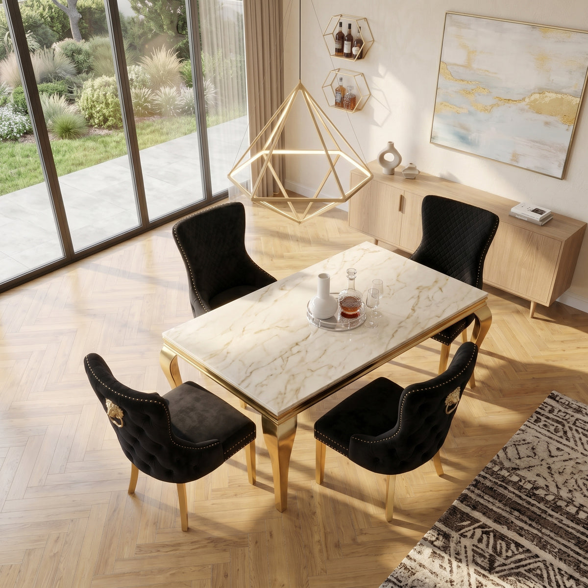 Luvon Milan Cream Marble Dining Table with Gold Frame & Lion Knocker Velvet Chairs