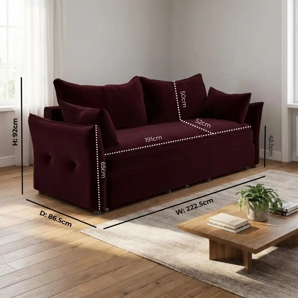Maroon sofa with dimensions marked in a living room setting
