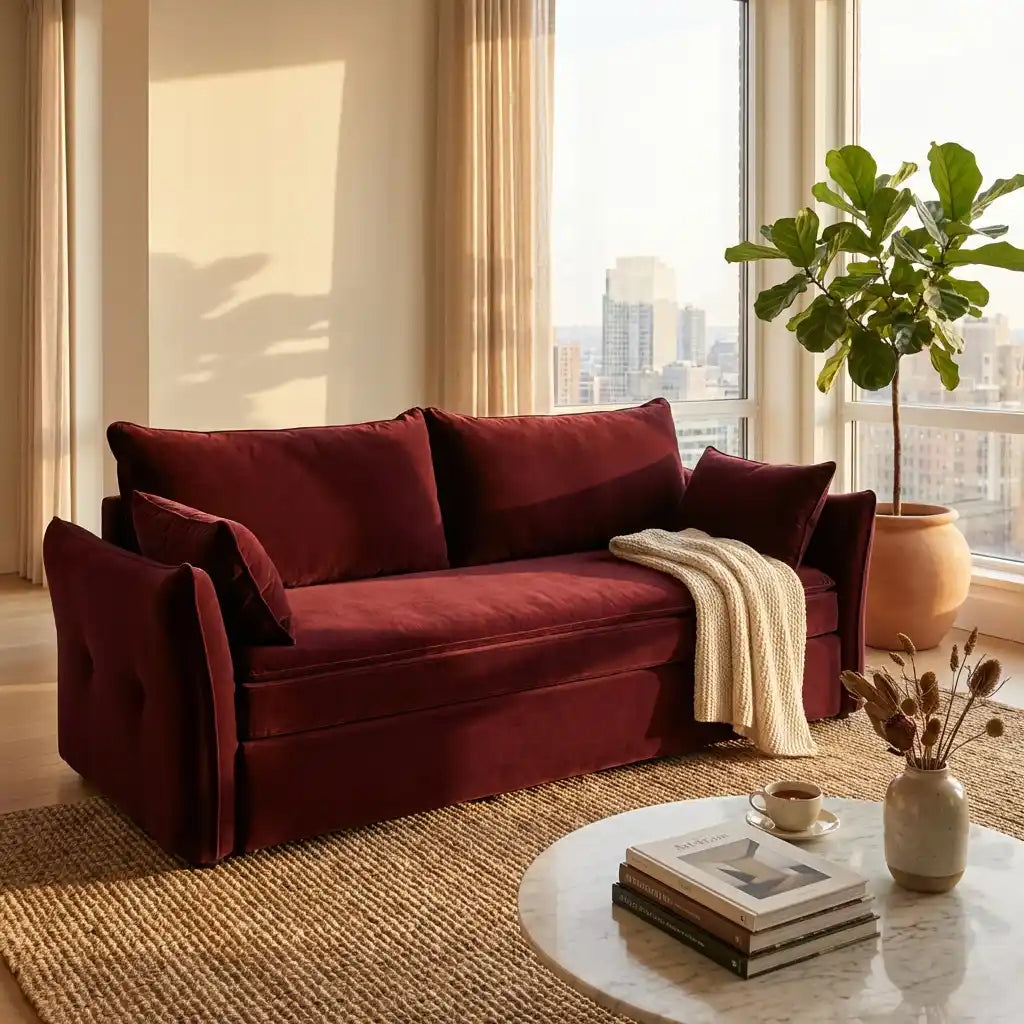 Maroon sofa in a living room with a cityscape view, a plant, and a small table with books and a cup.