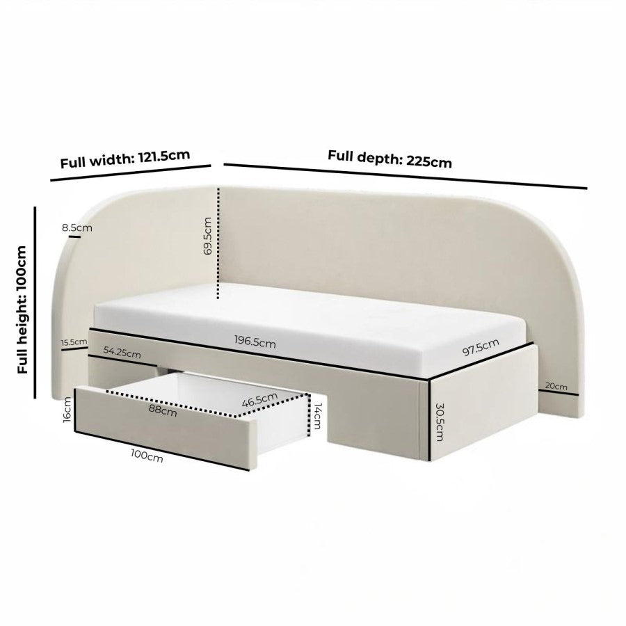 Measurement chart of a bed with dimensions labeled