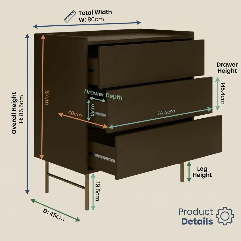 Measurement chart of a dark brown dresser with dimensions labeled