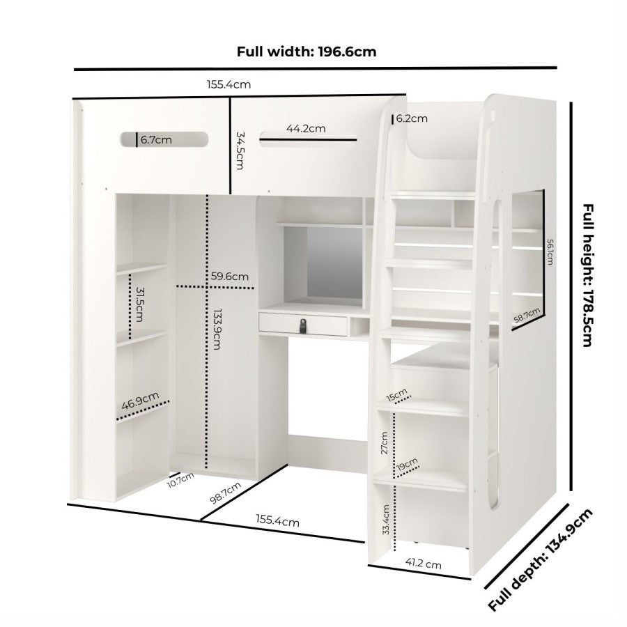 Measurement chart of a white loft bed with dimensions labeled
