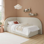 Modern bedroom with a beige bed and shelves on a brown wall.