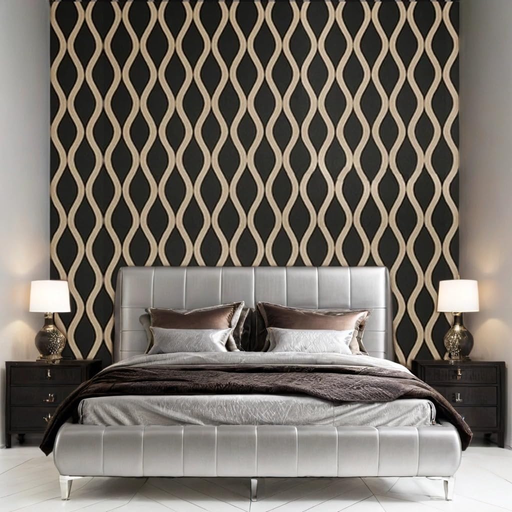 Modern bedroom with a gray upholstered bed against a decorative black and gold wall.