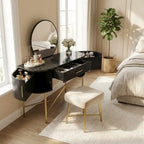 Modern bedroom with a black vanity table, mirror, and stool.
