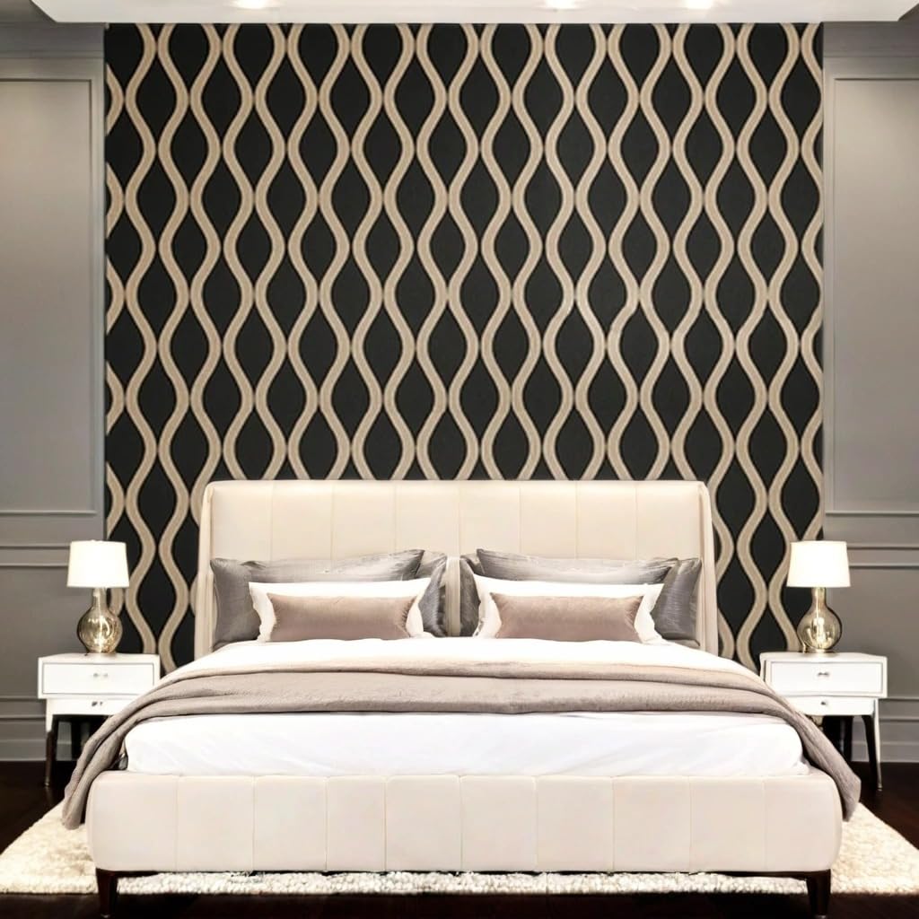 Modern bedroom with a patterned wall, bed, and nightstands.