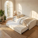 Modern bedroom with a white  bed, plants, and a lamp.