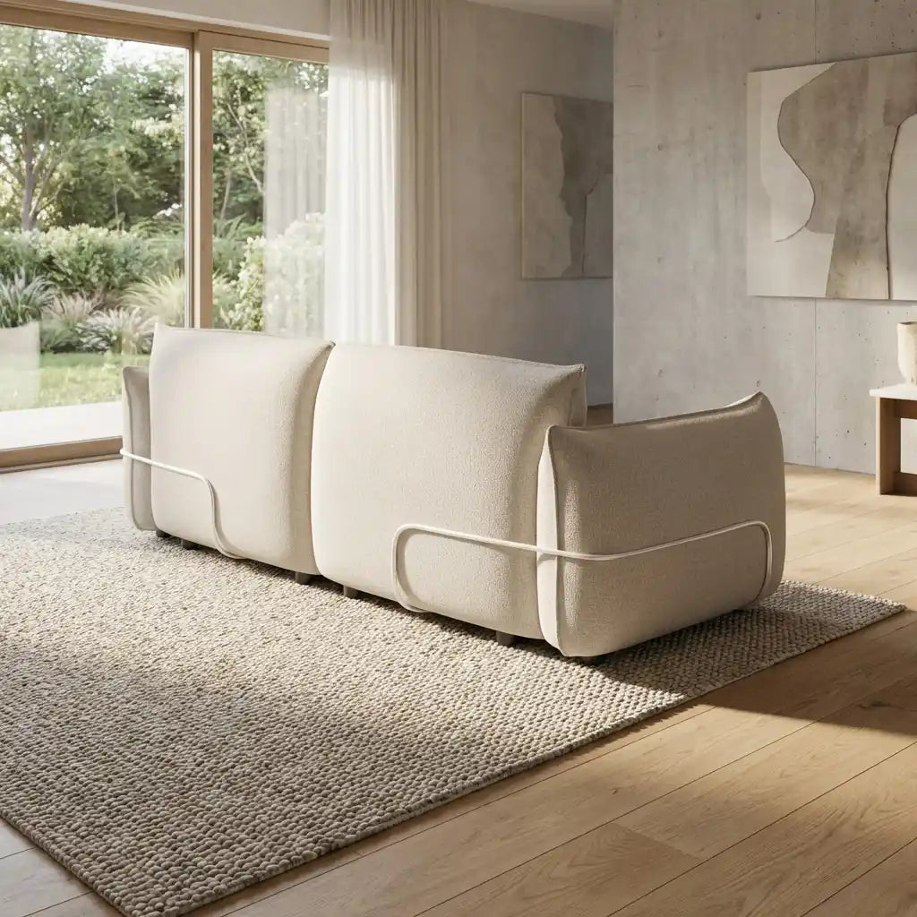 Modern beige sofa in a living room with large windows and neutral decor.