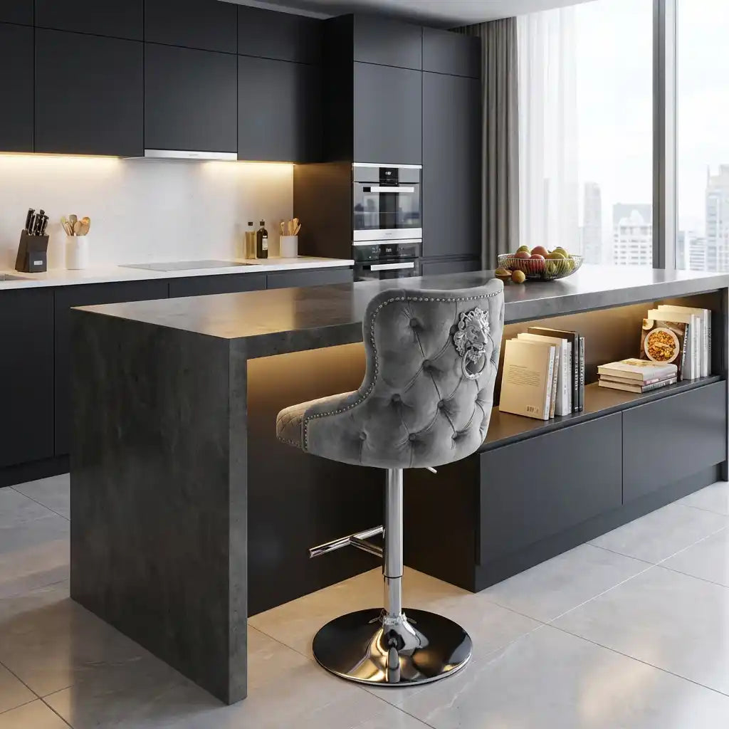 Modern kitchen with a bar counter and gray tufted bar stool.