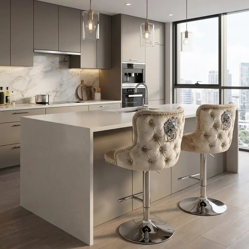 Modern kitchen with a island and bar stools, featuring gray cabinets and a large window.