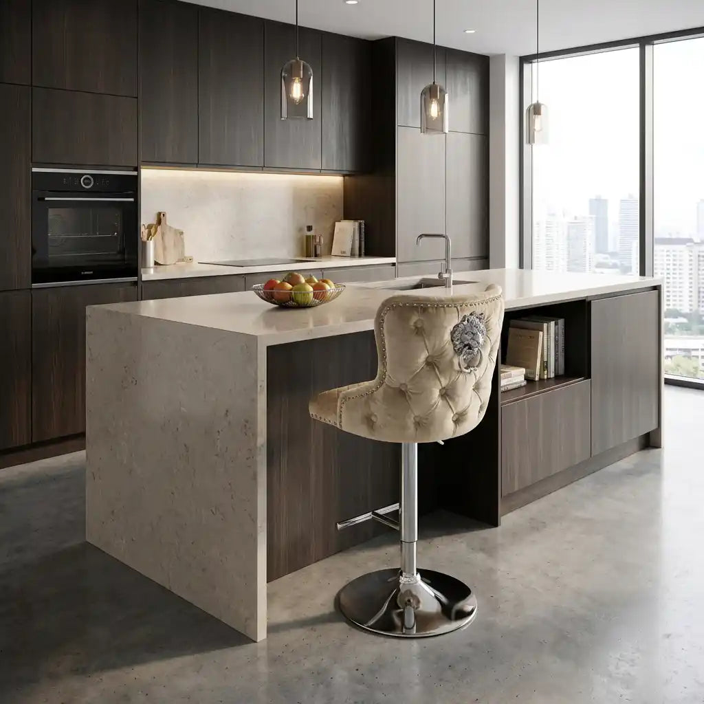 Modern kitchen with island and bar stool, featuring dark wood cabinets and a large window.