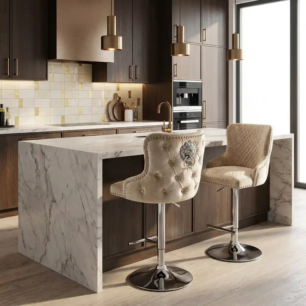Modern kitchen with marble island and bar stools