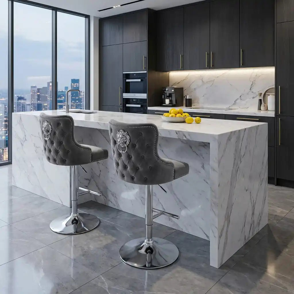 Modern kitchen with marble island and stools, cityscape view