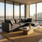 Modern living room with a gray sectional sofa and coffee table in front of large windows with a cityscape view.