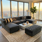 Modern living room with a large sectional sofa, coffee table, and ottoman in front of floor-to-ceiling windows with a cityscape view.