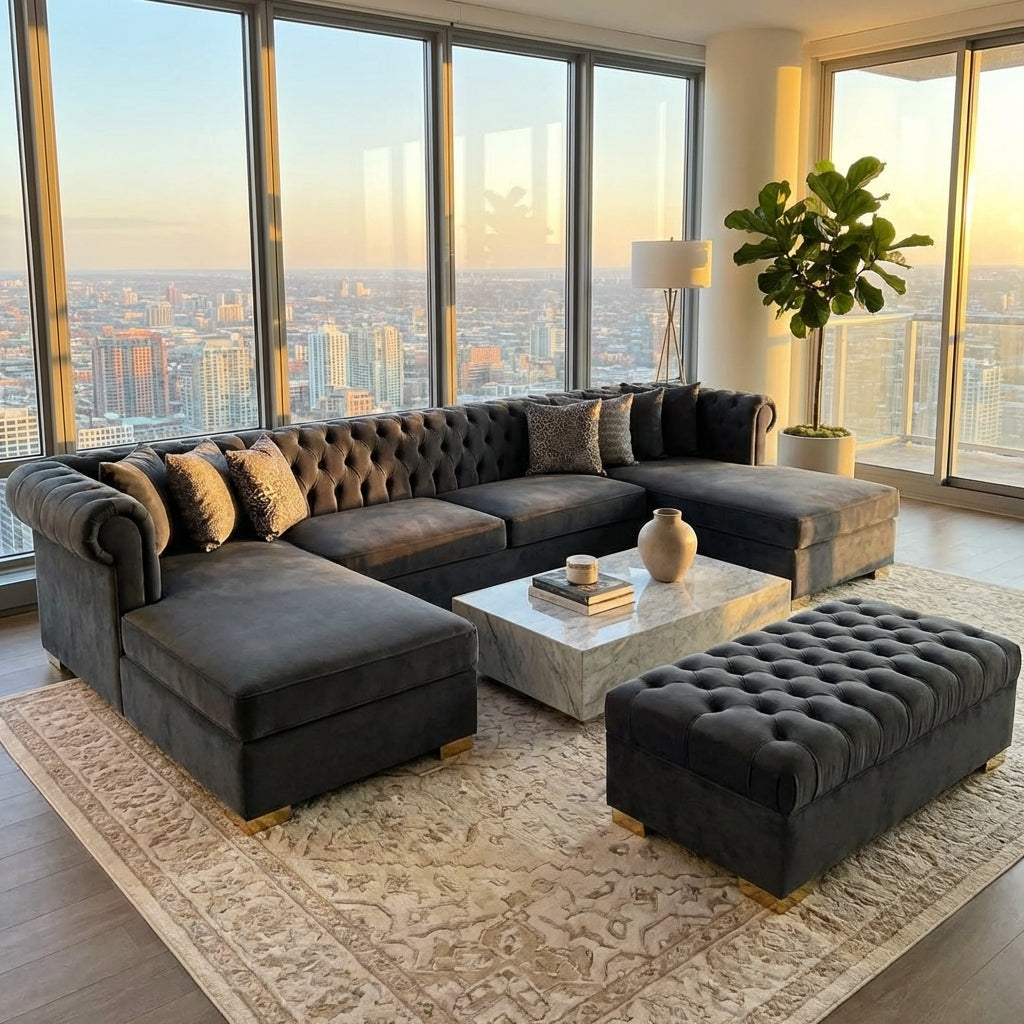 Modern living room with a large sectional sofa, coffee table, and ottoman in front of floor-to-ceiling windows with a cityscape view.