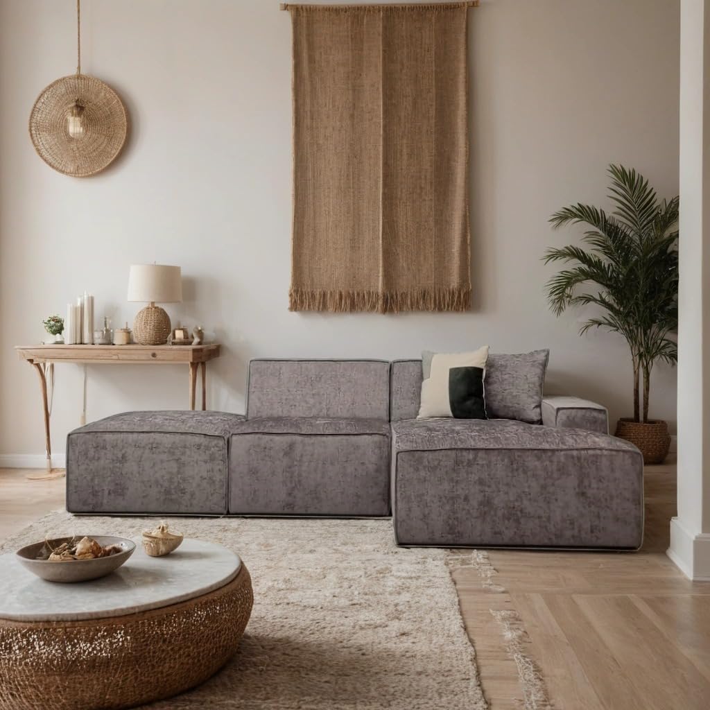 Modern living room with a gray sectional sofa, round coffee table, and decorative elements.