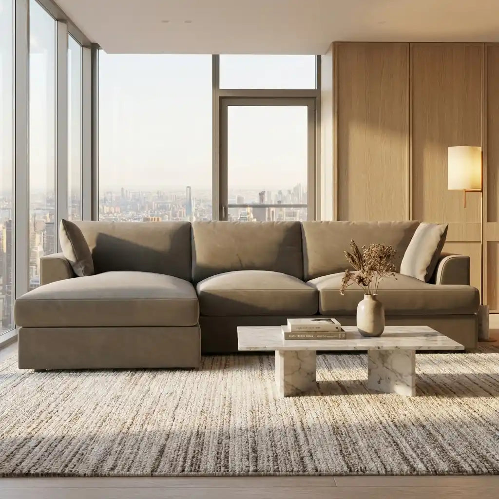 Modern living room with a sectional sofa, coffee table, and city view.