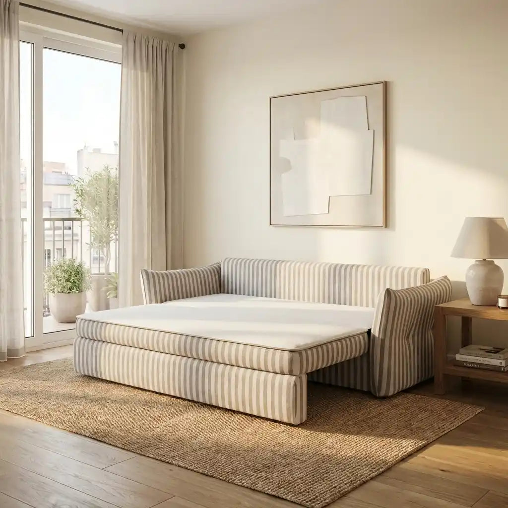 Modern living room with a striped sofa, side table, and decorative elements.